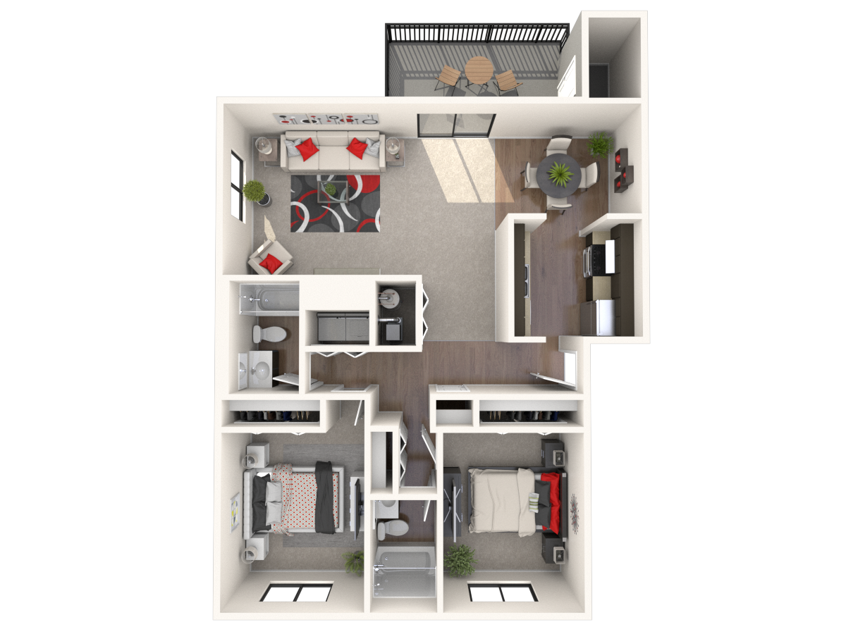 Floor plan for 2 beds, 2 baths, 1046 sqft